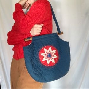 VTG 70s Red Blue Cottage Core Quilt Style Hobo Bag